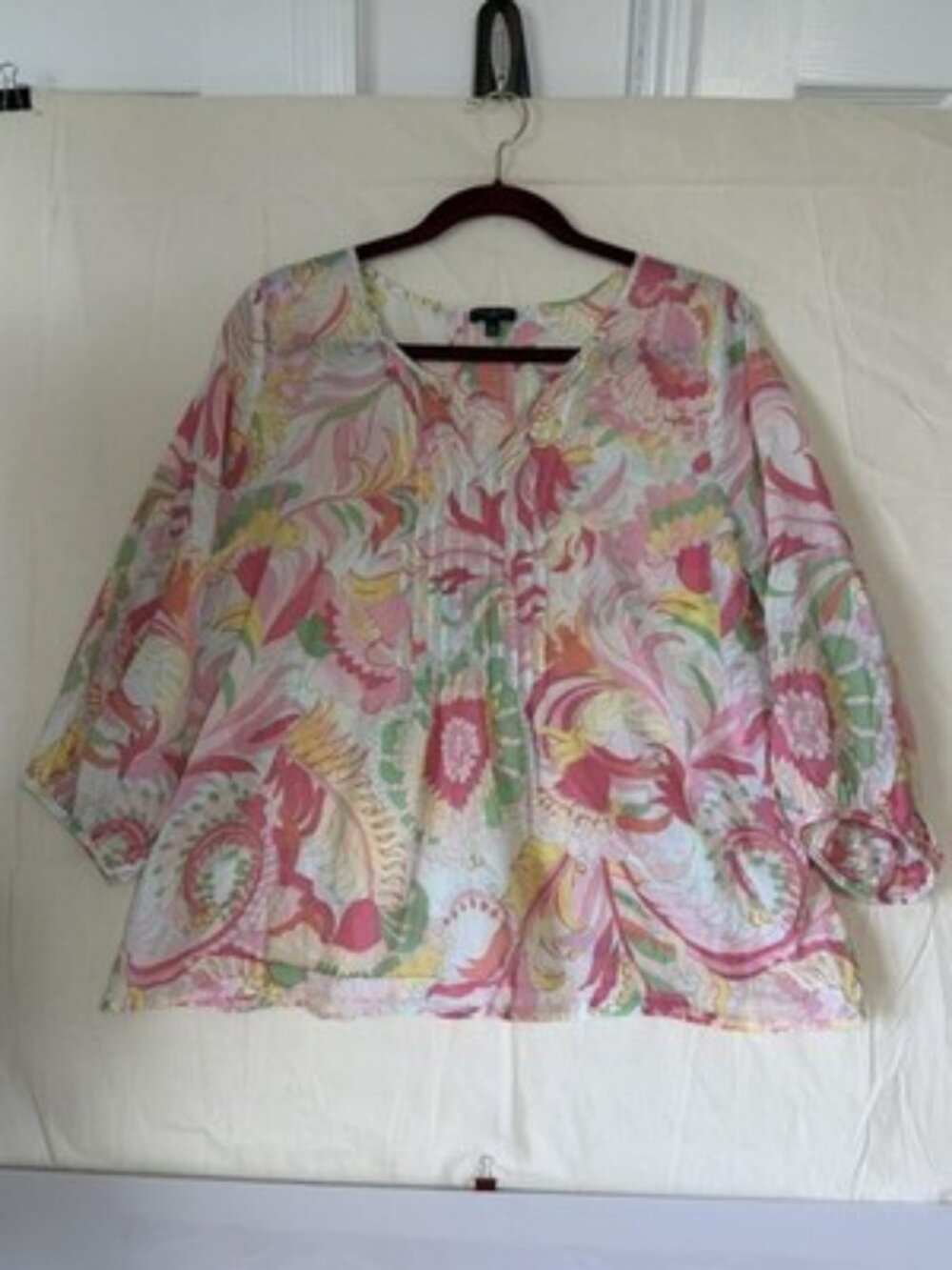 Talbots Top Womens L Petite Multicolor Floral 3/4 Sleeve Pleated Tunic Blouse